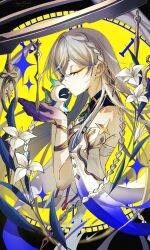  1girl absurdres barbatos_(genshin_impact) braid chinese_commentary closed_eyes creature detached_collar detached_sleeves erika_harlacher floating flower from_side genshin_impact hair_over_one_eye hands_up highres holding istaroth_(genshin_impact) kiss long_hair magicrabbit49586 murase_ayumu shade short_sleeves single_braid voice_actor_connection white_flower white_hair wide_sleeves yellow_eyeliner 