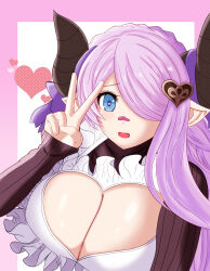  apron blue_eyes blush breasts cleavage cleavage_cutout clothing_cutout draph food food_on_face granblue_fantasy hair_ornament hair_over_one_eye heart heart-shaped_pupils highres hilda_sakura horns huge_breasts icing long_hair looking_at_viewer narmaya_(granblue_fantasy) narmaya_(valentine)_(granblue_fantasy) pointy_ears purple_hair ribbon sweater symbol-shaped_pupils v 
