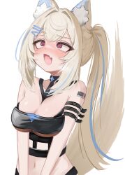  1girl ? @_@ absurdres animal_ear_fluff animal_ears barcode barcode_tattoo bare_shoulders bikini black_bikini blonde_hair blue_hair blush breasts cleavage dog_ears dog_girl fuwawa_abyssgard fuwawa_abyssgard_(holonatsu_paradise) high_ponytail highres hololive hololive_english holonatsu_paradise large_breasts long_hair lucien_000298 multicolored_hair official_alternate_costume pink_eyes ponytail shoulder_tattoo simple_background solo swimsuit tattoo two-tone_hair upper_body virtual_youtuber white_background 