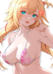  1girl akai_haato aqua_eyes arm_at_side armpits bikini blonde_hair blush breasts choppy_bangs cleavage collarbone commentary_request covered_erect_nipples eyelashes hair_ornament hair_ribbon hand_up head_tilt heart heart_bikini heart_hair_ornament heart_print highres hololive index_finger_raised large_breasts long_hair looking_at_viewer mikan_mizu one_side_up open_mouth pink_bikini raised_inner_eyebrows red_ribbon ribbon sidelocks simple_background solo swimsuit teeth tongue tongue_out untied_ribbon upper_body upper_teeth_only virtual_youtuber white_background 