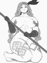 1girl abs aka-san94 amazon_(dragon&#039;s_crown) armband barefoot breasts curvy dragon&#039;s_crown elbow_gloves feet female_focus gloves highres holding holding_weapon kneeling large_breasts legs long_hair looking_at_viewer monochrome muscular muscular_female nipples nude parted_lips simple_background smile solo thick_thighs thighs very_long_hair weapon white_background wide_hips rating:Explicit score:28 user:Anon_Perv