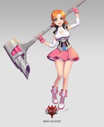  1girl :d blush breasts character_name cleavage cleavage_cutout clothing_cutout commentary copyright_logo copyright_name detached_sleeves english_commentary eyelashes fingerless_gloves gloves gradient_background green_eyes grey_background heart_cutout highres holding holding_weapon looking_at_viewer nora_valkyrie official_art open_mouth orange_hair pink_gloves pink_skirt rwby shirt short_hair signature simple_background skirt smile solo teeth upper_teeth_only uyalago weapon white_shirt 