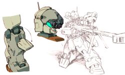  aiming assault_visor blue_visor bullpup color_variation commentary_request earth_federation exposed_internal_machinery gm_(mobile_suit) gm_sniper gun gundam kneeling machinery mecha mecha_focus mobile_suit monochrome multiple_views no_humans original radio_antenna redesign rifle robot science_fiction sketch sniper_rifle tessaku_ro weapon white_background  rating:General score:0 user:danbooru