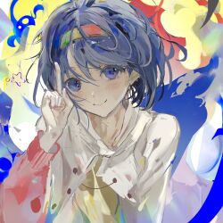  1girl blue_eyes blue_hair blush capelet closed_mouth dress hair_between_eyes hairband hand_up highres index_finger_raised long_sleeves looking_at_viewer medium_hair multicolored_dress multicolored_hairband sesmkun smile solo tenkyuu_chimata touhou upper_body white_capelet 
