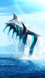  blue_sky blue_theme commentary day fate/grand_order fate_(series) monster monster_focus mountainous_horizon no_humans ocean official_art outdoors partially_immersed sky splashing sunlight third-party_source wet zap 