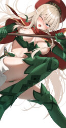  1girl absurdres alleyne_(queen&#039;s_blade) beret blush boots braid breasts cape elbow_gloves elf gloves green_boots green_gloves hair_between_eyes hana_hebi hat highres leaf_panties leaf_print long_hair midriff navel nipples one_eye_closed open_mouth panties pointy_ears polearm print_panties queen&#039;s_blade side_braid solo thigh_boots underwear very_long_hair weapon white_background 