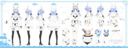  1girl absurdres animal_ears apron ass back_bow bikini black_bikini black_ribbon black_thighhighs blue_hair bow breasts copyright_notice detached_collar extra_ears flower frilled_apron frilled_bikini frills full_body hair_flower hair_ornament hair_ribbon halterneck high_heels highres hikimayu hololive jacket long_hair low_twintails maid maid_bikini maid_headdress multicolored_hair multiple_views navel off_shoulder official_alternate_costume official_alternate_hairstyle official_art orange_eyes parted_hair pekomon_(usada_pekora) rabbit-shaped_pupils rabbit_ears rabbit_girl rabbit_tail reference_sheet ribbon second-party_source see-through_clothes see-through_jacket short_eyebrows small_breasts suraimu_(suraimuraimu) swimsuit symbol-shaped_pupils tail thick_eyebrows thigh_strap thighhighs turnaround twintails two-tone_hair unconventional_maid usada_pekora usada_pekora_(holonatsu_paradise) virtual_youtuber waist_apron white_background white_hair white_jacket wrist_cuffs 