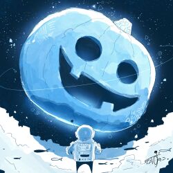  1other absurdres artist_name astronaut backpack bag cloud commentary fish flying_fish food halloween helmet highres jack-o&#039;-lantern kazunoko_(kazunoko_zunoco) looking_at_food orbited original oversized_food oversized_object pumpkin radio_antenna signature smile solo space space_helmet spacesuit standing star_(sky) vegetable 