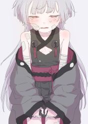 1girl bandaged_arm bandages bandaid bandaid_on_cheek bandaid_on_face black_kimono blue_archive blush breasts clothing_cutout commentary crying crying_with_eyes_open fangs gauze gauze_on_cheek grey_background half-closed_eyes highres japanese_clothes kimono loli long_hair nametake obi parted_lips red_eyes sash shuro_(blue_archive) sideless_kimono sideless_outfit simple_background small_breasts solo tassel tears