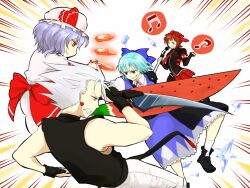  1boy 3girls advent_cirno amami_haruka arm_blade black_shirt blue_dress blue_eyes blue_hair bow brown_hair chipp_zanuff cirno clenched_teeth crossover crystal danmaku dress fighting fingerless_gloves food fruit gloves green_eyes guilty_gear hair_bow hair_ribbon hat hat_ribbon holding holding_microphone ice idol idolmaster kamosuzume looking_at_another m.u.g.e.n microphone microphone_stand mob_cap multiple_crossover multiple_girls musical_note open_mouth pants pink_dress punkish_gothic_(idolmaster) red_eyes remilia_scarlet ribbon shirt short_hair short_sleeves skirt sleeveless sleeveless_shirt smile suika_blade teeth touhou two-tone_dress watermelon watermelon_sword weapon white_background white_hair white_pants 