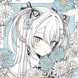  alternate_eye_color black_bow black_bowtie black_ribbon blonde_hair blue_background blue_bow blue_eyes blue_flower blue_hair blue_ribbon blue_theme border bow bowtie close-up collar diamond_hair_ornament floral_background flower gold_trim hair_between_eyes hair_bow hair_intakes hair_ornament hair_ribbon haku_(kumorimuu) heart heart_hair_ornament holding holding_flower jewelry kumorimuu limited_palette long_hair long_sleeves looking_at_viewer multicolored_hair original outside_border parted_bangs parted_lips ribbon see-through_clothes see-through_sleeves sleeves_past_wrists streaked_hair twitter_username two_side_up white_border white_collar white_flower white_hair wrist_ribbon 