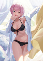  1girl armpits black_bra black_panties blue_eyes bra breasts collarbone commentary_request covering_own_mouth front-tie_bra go-toubun_no_hanayome hand_over_own_mouth highres medium_breasts nakano_ichika navel one_eye_closed open_clothes open_mouth open_shirt outstretched_arm panties pink_hair revision round_teeth shirt short_hair solo sooon standing teeth twitter_username underwear upper_teeth_only white_shirt yawning 