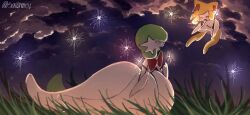  alternate_color artist_name bob_cut cloud colored_skin dress from_side gardevoir gen_3_pokemon grass green_hair highres jirachi legendary_pokemon mega_gardevoir mega_pokemon mythical_pokemon night night_sky nintendo on_grass open_mouth pokemon pokemon_(creature) sailameif shiny_pokemon sky smile tanzaku white_dress white_skin 