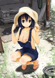 1girl blue_eyes blue_hair breasts bucket car collarbone frogman_(manga) hat izumi_haruka jpeg_artifacts motor_vehicle naked_overalls nipples nissan nissan_skyline nissan_skyline_c10 no_bra no_panties overalls short_hair slippers small_breasts squatting third-party_edit 