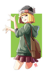 1girl arms_(game) automatic_giraffe backpack bag beanie blonde_hair blunt_bangs bob_cut cropped_legs green_eyes hat hood hoodie min_min_(arms) no_mask outside_border skirt solo