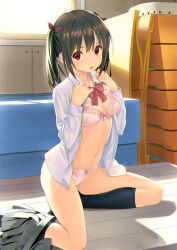  1girl :o artist_name black_skirt black_socks blush border bow bow_panties bowtie bra breasts breasts_apart brown_hair buttons collarbone collared_shirt day dress_shirt eyelashes groin gym_storeroom hair_between_eyes hair_bow hands_up hurdle indoors kneehighs koutaro long_hair long_sleeves looking_at_viewer mat medium_breasts miniskirt navel open_clothes open_shirt original page_number panties parted_lips pink_bra pink_panties pleated_skirt purple_bow red_bow red_bowtie revision school_uniform shirt sidelocks sitting skirt skirt_around_one_leg socks solo stomach toranoana twintails underwear vaulting_horse white_border white_shirt window wing_collar wooden_floor 