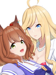  2girls absurdres ahoge animal_ears anshinzawa_sasami aston_machan_(umamusume) blonde_hair blue_eyes breasts brown_hair cleavage ear_piercing hair_ornament hair_scrunchie highres horse_ears horse_girl inoue_honoka inoue_kikuko jewelry lab_coat lipstick long_hair makeup mother&#039;s_day multiple_girls necklace open_mouth pearl_necklace piercing pink_lips purple_serafuku school_uniform scrunchie serafuku short_hair side_ponytail smile tracen_school_uniform umamusume voice_actor_connection yamano_boriko 