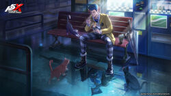  1boy absurdres animal artist_request black_boots black_hat blue_hair boots cat chopsticks copyright_name cup_ramen different_reflection food grey_pants hat highres holding holding_chopsticks jacket kanou_shun long_sleeves looking_down mask masked official_art pants persona persona_5 persona_5:_the_phantom_x plaid_clothes plaid_pants reflection school_uniform short_hair sitting third-party_source umbrella yellow_jacket 