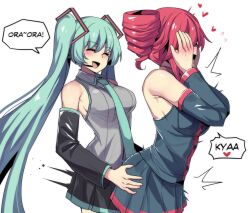  2girls absurdres ahoge aqua_hair aqua_necktie commentary covering_face detached_sleeves drill_hair dry_humping grabbing_another&#039;s_ass grabbing_from_behind grey_shirt groping hair_between_eyes hatsune_miku heart highres hinghoi humping kasane_teto kasane_teto_(utau) long_hair multiple_girls necktie ora_ora_get_pregnant_(meme) pleated_skirt red_hair shirt simple_background skirt sleeveless sleeveless_shirt speech_bubble standing thighhighs twin_drills twintails utau very_long_hair vocaloid white_background yuri 