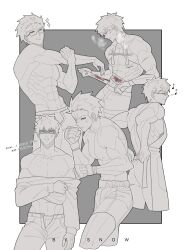  1boy abs anger_vein apron archer_(fate) bandages bite_mark blood fate/stay_night fate_(series) glasses greyscale highres monochrome multiple_views muscular muscular_male short_hair shorts signature solo suhyeon 
