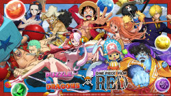  3girls 6+boys :3 angel_wings attack black_hair blonde_hair blue_eyes breasts brook_(one_piece) closed_eyes dress earrings eyelashes facial_scar franky_(one_piece) green_hair happy hat holding holding_sword holding_weapon jewelry jinbe_(one_piece) jumping katana large_breasts large_pectorals long_hair monkey_d._luffy multicolored_hair multiple_boys multiple_girls muscular nami_(one_piece) nico_robin nico_robin_(return_to_sabaody) official_art one_eye_closed one_piece one_piece:_film_red open_mouth pectorals promotional_art punching puzzle_&amp;_dragons roronoa_zoro sanji_(one_piece) scar scar_on_cheek scar_on_face serious short_hair shoulder_tattoo skeleton smile straw_hat straw_hat_pirates sunglasses_on_head sword tattoo tony_tony_chopper two-tone_hair usopp uta_(one_piece) weapon white_dress wings 