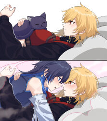  2girls animalization black_cat black_hair black_jacket blonde_hair blue_eyes blue_hair blue_shirt blush cat cat_on_chest closed_mouth colored_inner_hair commentary crop_top detached_sleeves earrings highres hololive hololive_english hololive_indonesia hotcat_(box_1227) jacket jewelry kaela_kovalskia kunchim2_cat_transformation_template_(meme) meme multicolored_hair multiple_girls official_alternate_costume ouro_kronii ouro_kronii_(4th_costume) parted_lips red_eyes red_shirt shirt sleeveless sleeveless_shirt smile sweat sweatdrop symbol-only_commentary transformation virtual_youtuber yuri 