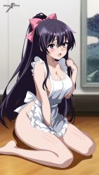 1girl absurdres apron bare_shoulders between_legs blurry blurry_background blush bow breasts cleavage date_a_live hair_bow hand_between_legs highres indexryo indoors large_breasts long_hair looking_at_viewer naked_apron pink_bow purple_eyes purple_hair sideboob sitting solo wariza white_apron yatogami_tohka