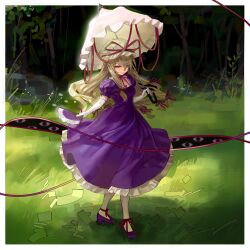  1girl absurdres blonde_hair border chinese_commentary closed_mouth commentary_request day disembodied_eye dress elbow_gloves folding_fan footwear_ribbon forest frilled_gloves frills full_body gap_(touhou) gloves grass grasslands hair_between_eyes hair_ribbon hand_fan hat highres holding holding_fan holding_umbrella kofi-mo long_dress long_hair long_sidelocks looking_at_viewer low-tied_long_hair low-tied_sidelocks mob_cap nature neck_ribbon outdoors outside_border pantyhose parasol petticoat puffy_short_sleeves puffy_sleeves purple_dress purple_eyes purple_shoes red_ribbon ribbon shoes short_sleeves sidelocks smile solo square_neckline standing strappy_heels touhou tree turning_around umbrella very_long_hair white_border white_gloves white_hat white_pantyhose white_petticoat white_umbrella yakumo_yukari 