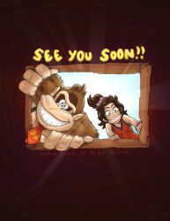  1boy 1girl blue_eyes brown_fur brown_hair donkey_kong donkey_kong_(series) donkey_kong_bananza furry furry_male gorilla highres looking_at_viewer marioantoniogenduso necktie nintendo pauline_(mario) pauline_(young)_(mario) peeking_out red_necktie signature suspenders teeth 