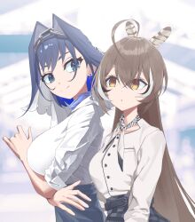  2girls ahoge black_hair black_streaks bow bow_earrings breasts brown_hair chain chain_headband closed_mouth colored_inner_hair commentary earrings feather_hair_ornament feathers hair_intakes hair_ornament highres hololive hololive_english jewelry large_breasts long_hair medium_hair multicolored_hair multiple_girls nanashi_mumei open_mouth ouro_kronii shirt small_breasts smile thekaiyip travel_attendant veil very_long_hair virtual_youtuber white_shirt white_streaks 