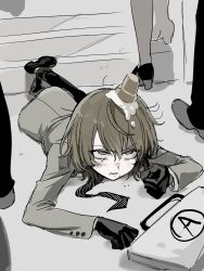  1boy akechi_gorou black_gloves black_necktie black_pants black_shoes blood blood_on_face briefcase brown_eyes brown_hair commentary fallen_down food food_on_head gloves grey_jacket hair_between_eyes highres ice_cream ice_cream_cone ice_cream_cone_spill injury jacket long_sleeves lying male_focus necktie nosebleed object_on_head on_stomach pants persona persona_5 shoes solo_focus stairs symbol-only_commentary usagi_mi_nagi 