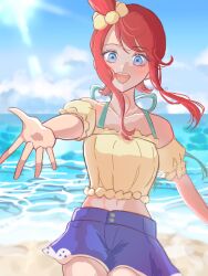  1girl :d bare_shoulders beach blue_eyes blue_shorts cinn_a0 crop_top eyelashes highres looking_at_viewer midriff nintendo ocean official_alternate_costume open_mouth pokemon pokemon_masters_ex red_hair shorts skyla_(pokemon) skyla_(summer_2025)_(pokemon) smile solo teeth twitter_username upper_teeth_only 