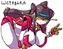  1girl :&gt; armor bent_over breasts brown_hair cleavage colored_sclera colored_skin hand_up hanging_breasts large_breasts long_hair looking_at_viewer marokko_(41evol) mazinger_(series) metal_hair metal_skin radio_antenna red_armor robot_girl smile solo translation_request v venus_a white_skin yellow_eyes yellow_sclera 