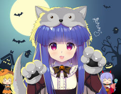 &gt;_&lt; 3girls :d ^_^ animal_hands bat_(animal) blonde_hair blue_hair blunt_bangs candy center_frills chibi closed_eyes commentary_request fake_horns fang food frilled_shirt_collar frills full_moon furude_rika gaou_(babel) gloves hairband halloween hanyuu heart heart_in_eye higurashi_no_naku_koro_ni horns houjou_satoko lollipop long_hair looking_at_viewer moon multiple_girls open_mouth paw_gloves paw_pose purple_eyes short_hair smile solo_focus swirl_lollipop symbol_in_eye translated v-shaped_eyebrows xd rating:General score:15 user:danbooru