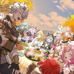  3boys 6+girls aglaea_(honkai:_star_rail) alcohol anaxa_(honkai:_star_rail) animal_ears animal_hood aqua_eyes aqua_hair beer beer_mug black_gloves black_hood blonde_hair breasts castorice_(honkai:_star_rail) cat_ears cat_girl cat_hood chrysos_heirs_(honkai:_star_rail) cipher_(honkai:_star_rail) cleavage commentary_request cup cyrene_(honkai:_star_rail) drill_hair drinking drunk eyepatch feast fingerless_gloves fish_(food) food gloves green_eyes green_hair grilled_fish highres holding holding_cup honkai:_star_rail honkai_(series) hood hyacine_(honkai:_star_rail) large_breasts little_ica_(honkai:_star_rail) mako_ojisan mug multicolored_hair multiple_boys multiple_girls muscular muscular_male mydei_(honkai:_star_rail) outdoors pegasus phainon_(honkai:_star_rail) pink_hair purple_hair red_hair red_tattoo short_hair sky smile table tiara tribbie_(honkai:_star_rail) twin_drills twintails two-tone_hair white_hair yellow_eyes 