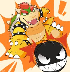  1boy 1other absurdres armlet bowser bracelet chain_chomp claws collar commentary_request fangs furry furry_male gintyatyatyatya grin highres horns jewelry looking_at_viewer mario_(series) nintendo open_mouth red_hair smile spiked_armlet spiked_bracelet spiked_collar spiked_shell spikes super_mario_rpg 