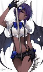 1girl bat_wings black_gloves crop_top dark-skinned_female dark_skin demon_horns fate/grand_order fate_(series) female_focus frills gloves hair_ornament hassan_of_serenity_(fate) hirai_yuzuki horns looking_at_viewer mask midriff pole purple_eyes shorts skull_mask solo wings rating:Sensitive score:29 user:danbooru