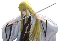  1boy backlighting bleach bleach:_turn_back_the_pendulum blonde_hair blood blood_on_clothes blunt_bangs blunt_ends cutting_hair cutting_own_hair eyebrows_hidden_by_hair hair_behind_ear hair_over_one_eye hands_up haori highres hirako_shinji holding holding_own_hair holding_sword holding_weapon japanese_clothes katana kimono kuni_929 long_hair long_sleeves looking_ahead male_focus nose official_alternate_costume official_alternate_hair_length official_alternate_hairstyle one_eye_covered parted_lips sidelocks simple_background solo straight_hair sword taichou_haori teeth tsurime upper_body v-shaped_eyebrows very_long_hair weapon white_background white_kimono wide_sleeves yellow_eyes 