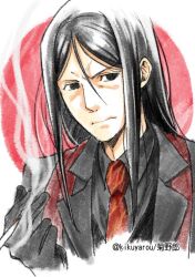  1boy black_eyes black_gloves black_hair black_suit cigarette commentary english_commentary fate_(series) formal_clothes frown gloves holding holding_cigarette kikuyarou long_hair lord_el-melloi_ii lord_el-melloi_ii_case_files male_focus necktie red_necktie red_scarf scarf smoke smoking solo suit upper_body waver_velvet 