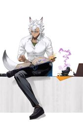  1boy animal_ear_fluff animal_ears black_pants black_shoes book bottle collared_shirt commentary_request dark-skinned_male dark_skin frown green_shirt half_lotus_position highres holding holding_book jack_howl jewelry jip looking_down male_focus necklace open_book pants reading shirt shoes simple_background smoke solo tail thinking toned toned_male twisted_wonderland undershirt white_background white_hair white_shirt wolf_boy wolf_ears wolf_tail yellow_eyes 