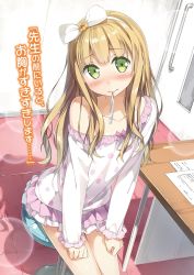  10s 1girl azuki_azusa blonde_hair blush bow collarbone dress female_focus green_eyes hair_bow head_tilt hentai_ouji_to_warawanai_neko. highres indoors kantoku long_hair looking_at_viewer mouth_hold off_shoulder official_art polka_dot polka_dot_dress short_dress sitting solo thermometer white_bow  rating:Sensitive score:28 user:danbooru