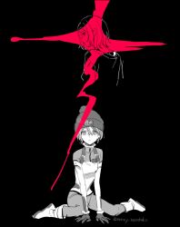  1boy 1girl amate_yuzuriha bodysuit breasts gundam gundam_gquuuuuux hat highres looking_at_viewer mecha_pilot_suit monochrome normal_suit_(gundam) open_mouth se_(hanahide) short_hair shuji_ito sitting spot_color wariza 