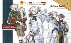  1boy 1other belt black_sclera black_shorts blue_eyes book brown_belt brown_hair brown_jacket brown_shorts character_name clothes_in_mouth coat colored_sclera colored_tips english_text feet_out_of_frame gloves green_vest grey_gloves grey_hair gun hand_on_own_head hand_up heterochromia highres holding holding_book holding_gun holding_weapon hood hood_down hooded_coat id_card jacket legwear_garter medicine_pocket medicine_pocket_(the_cosmos_photographer) mismatched_sclera mouth_hold multicolored_hair multiple_views official_alternate_costume open_clothes open_jacket open_mouth pants ponytail profile red_socks red_vest reverse:1999 shirt shirt_in_mouth short_hair short_ponytail shorts socks sunnbnn sweater_vest two-tone_vest vest weapon white_coat white_gloves white_hair white_pants white_shirt x_(reverse:1999) yellow_eyes 