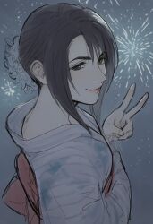  1girl alternate_costume black_hair breasts closed_mouth final_fantasy final_fantasy_viii fireworks floral_print floral_print_kimono flower grey_eyes hair_between_eyes hair_flower hair_ornament highres japanese_clothes jaydamon kimono long_hair looking_at_viewer medium_breasts print_kimono rinoa_heartilly sketch smile solo striped_clothes striped_kimono updo v 