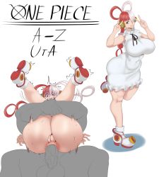 1boy 1girl absurdres anal ass bare_legs breasts cleft_of_venus covered_navel crying crying_with_eyes_open dress erection full_body full_nelson grabbing_from_behind hair_rings hetero highres huge_ass huge_penis huge_testicles large_breasts long_hair looking_at_viewer moaning multicolored_hair one_piece open_mouth penis pussy red_hair reverse_cowgirl_position sex shiny_skin simple_background sitting straddling sunnysundown sweat tears testicles trembling two-tone_hair uta_(one_piece) v very_long_hair white_background white_dress white_hair wide_hips rating:Explicit score:209 user:xAkira
