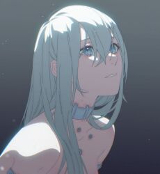  1girl 23i2ko backlighting blue_eyes blue_hair breasts cleavage collar gradient_background hair_between_eyes hair_over_shoulder light_particles long_hair no_shirt original screw_in_body simple_background solo sparkling_eyes 