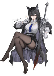  1girl absurdres animal_ears arknights between_fingers black_coat black_hair black_tail blood bloody_weapon bolo_tie brown_eyes brown_pantyhose chinese_commentary cigarette closed_mouth coat collared_shirt commentary commentary_request crossed_legs dated english_commentary feet full_body gloves grey_shorts hair_between_eyes hand_up highres holding holding_cigarette invisible_chair knight_fault legs long_hair looking_at_viewer mixed-language_commentary no_shoes official_alternate_costume open_clothes open_coat pantyhose purple_coat shirt short_shorts shorts simple_background sitting skindentation solo sword tail texas_(arknights) texas_the_omertosa_(arknights) thigh_strap two-sided_coat two-sided_fabric weapon white_background white_gloves white_shirt wolf_ears wolf_girl wolf_tail 