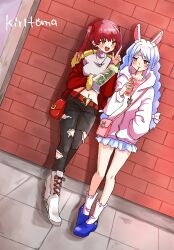  2girls :d animal_ear_fluff animal_ears bag belt belt_buckle black_pants blue_shoes blue_skirt blush boots bow braid breasts brick_wall buckle closed_mouth commentary_request crop_top cup disposable_cup drinking_straw dutch_angle fur-trimmed_jacket fur_trim grey_sweater hair_bow hand_in_pocket heterochromia highres holding holding_cup hololive hood hood_down hooded_jacket houshou_marine jacket kiritoma lace-up_boots large_breasts long_hair long_sleeves midriff multiple_girls navel off_shoulder open_clothes open_jacket open_mouth pants pleated_skirt puffy_long_sleeves puffy_sleeves rabbit_ears red_belt red_eyes red_hair red_jacket shirt shoes short_eyebrows shoulder_bag signature skirt smile socks sweater thick_eyebrows torn_clothes torn_pants turtleneck turtleneck_sweater twin_braids twintails usada_pekora very_long_hair virtual_youtuber white_boots white_bow white_jacket white_socks yellow_eyes 