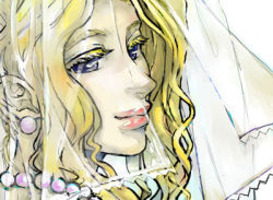  1990s_(style) 1girl blonde_hair blue_eyes earrings female_focus final_fantasy final_fantasy_iv jewelry long_hair lowres necklace rosa_farrell solo veil zirikihonngannzi 