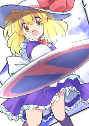  1girl 2others apron blonde_hair blue_dress bow dress frilled_apron frills hat hat_bow hat_ribbon highres kana_anaberal medium_hair multiple_others neck_ribbon no_parking_sign open_mouth rascal_(feuille) red_ribbon ribbon road_sign sign solo sun_hat touhou touhou_(pc-98) white_apron white_hat yellow_eyes 